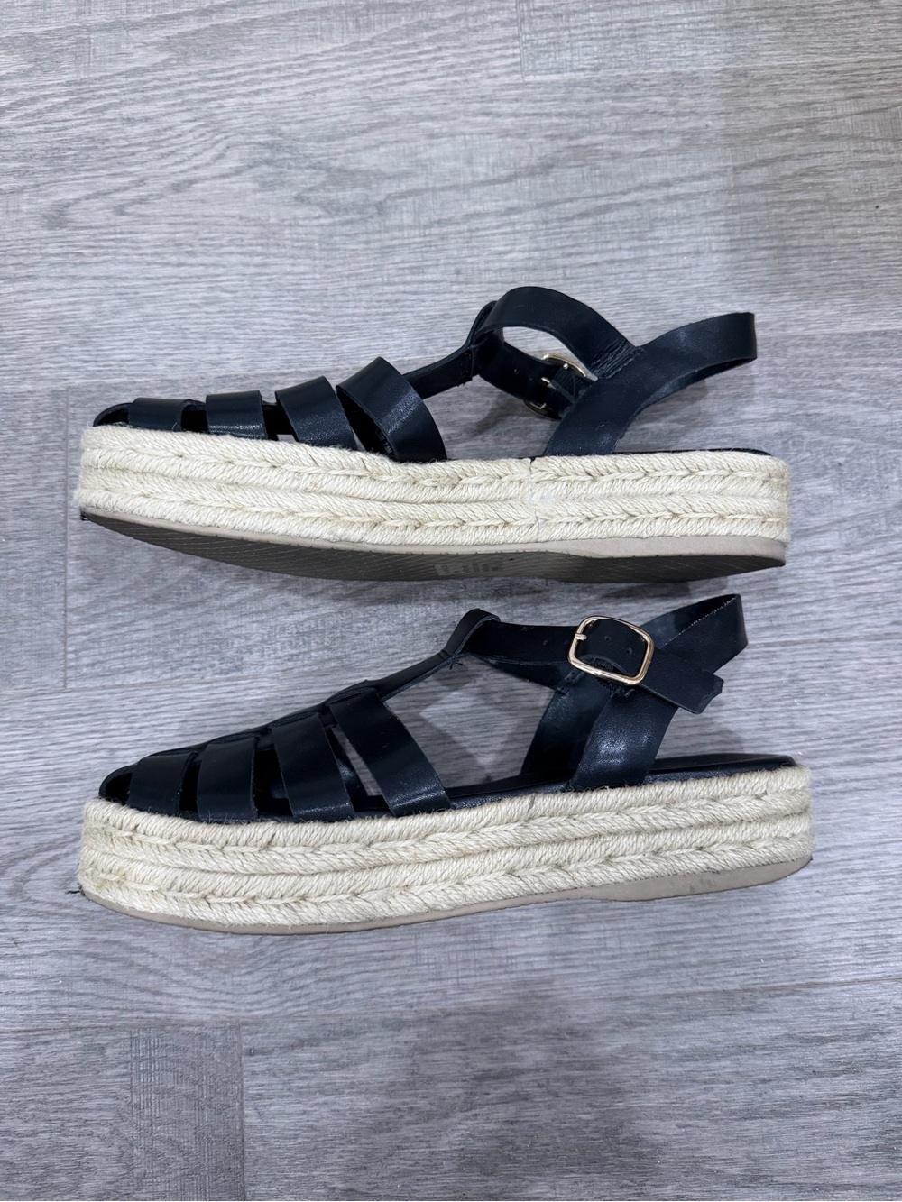 Steve Madden Black Leather Espadrille Platform Sandals
